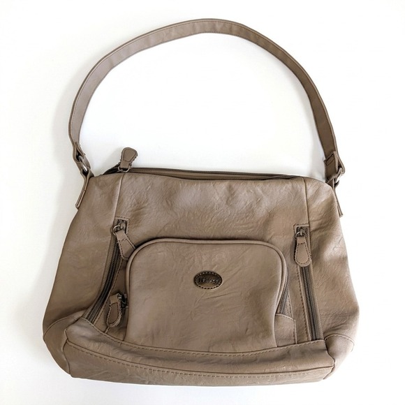 Multisac Handbags - Multi-Sac Purse Shoulder Bag, Tan Pebbled Faux Leather, Zip Close, 10" x 9"